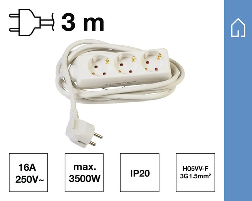 Steckdosenleiste mit drei Steckplätzen und drei Meter Kabel