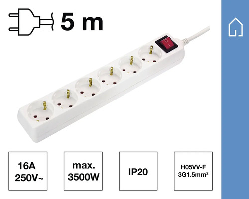 Weiße Steckdosenleiste mit fünf Steckplätzen, Schalter und einem fünf Meter langen Kabel.