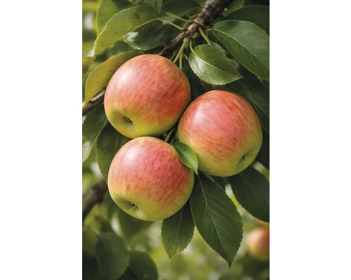 Trois pommes sur la branche avec des feuilles vertes