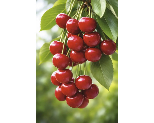 Cerises mûres avec feuilles sur une branche