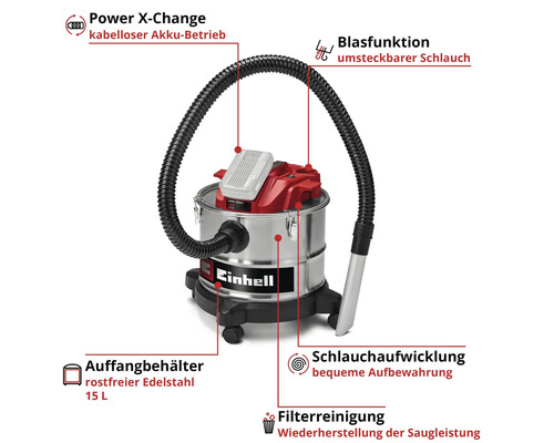 Einhell Akku-Staubsauger mit Blasfunktion, Schlauchaufwicklung und 15 Liter Edelstahl-Auffangbehälter