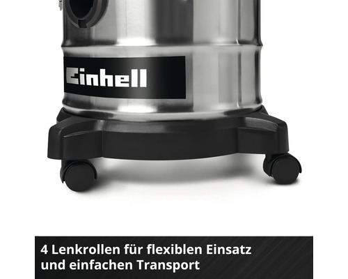 Einhell Logo auf einem Staubsauger mit vier Lenkrollen für flexiblen Einsatz und einfachen Transport