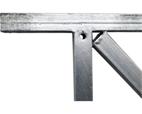 Detailansicht eines verzinkten Metallpfostenträgers mit Bohrung