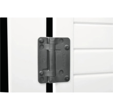 Detailansicht eines schwarzen KwikFit Türscharniers an einer weißen Tür