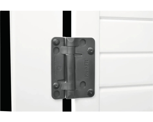 Detailansicht eines schwarzen KwikFit Türscharniers an einer weißen Tür