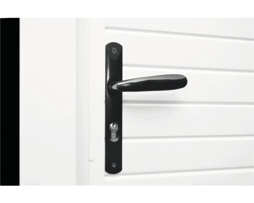 Schwarzer Türgriff mit Schloss an einer weißen Tür