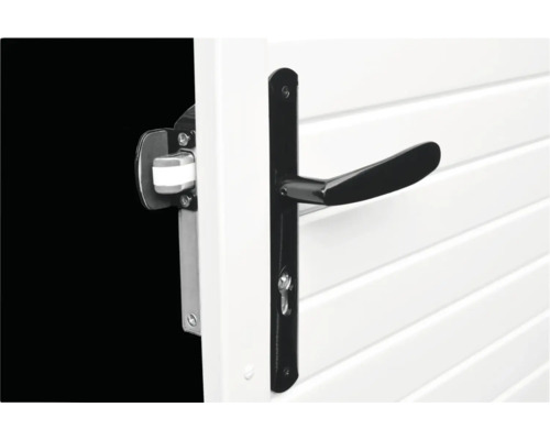 Schloss und Türklinke an einer weißen Tür