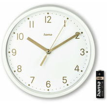 Horloge murale blanche avec aiguilles et chiffres dorés et une pile