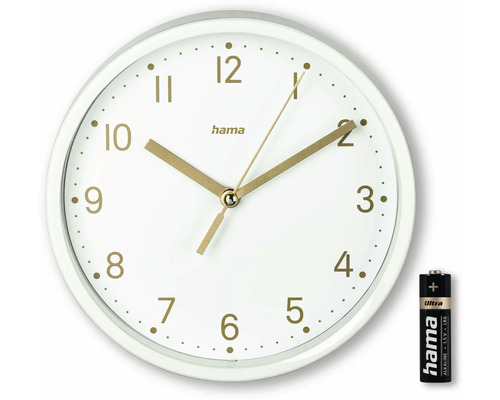 Horloge murale blanche avec aiguilles et chiffres dorés et une pile