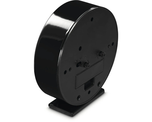 Rückansicht eines schwarzen analogen Weckers mit Stellrädern