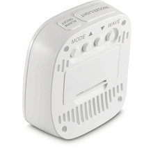 Weißer digitaler Wecker mit Knöpfen zur Einstellung von Alarm, Schlummerfunktion und Modus