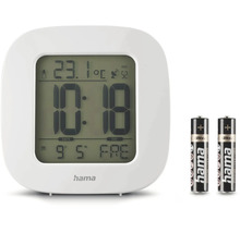 Weißer Funkwecker mit Digitalanzeige und zwei Batterien