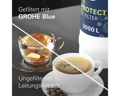 Tasse Tee und Tasse Kaffee neben einem Wasserfilter