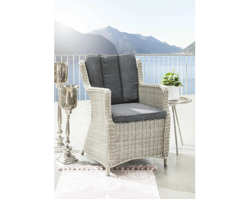 Fauteuil tressé avec coussins gris et table avec plante devant un paysage de montagne