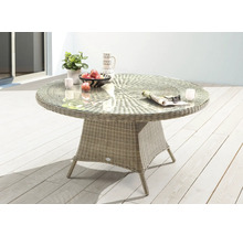 Table de jardin ronde avec plateau en verre et aspect rotin