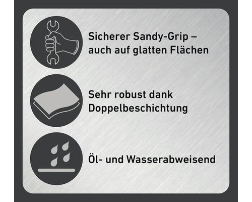 Symbole für sicheren Griff, robuste Doppelbeschichtung sowie Öl- und Wasserabweisung