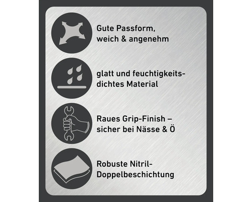Symbole für gute Passform, weiches, angenehmes, glattes, feuchtigkeitsdichtes Material, raues Grip-Finish für sicheren Halt bei Nässe und Öl sowie robuste Nitril-Doppelbeschichtung.