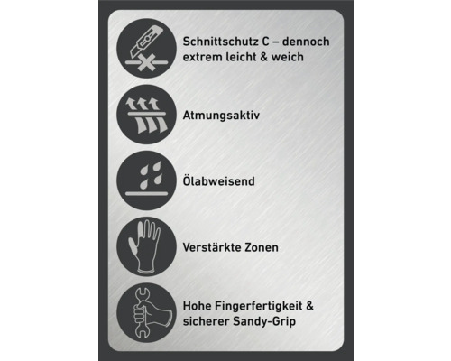 Symbole für Schnittschutz C, Atmungsaktivität, Ölabweisung, verstärkte Zonen, hohe Fingerfertigkeit und sicherer Sandy-Grip