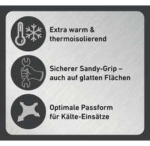 Symbole für extra warm, wärmeisolierend, sicheren Sandy-Grip auch auf glatten Flächen und optimale Passform für Kälteeinsätze