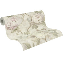 Papier peint intissé avec grand motif floral de pivoines style vintage sur rouleau.