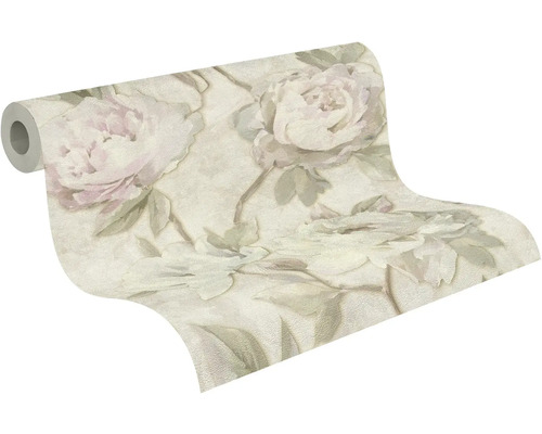 Papier peint intissé avec grand motif floral de pivoines style vintage sur rouleau.