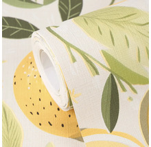 Papier peint intissé avec motif de citrons et de feuilles, surface structurée, rouleau.