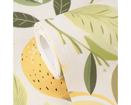 Papier peint intissé avec motif de citrons et de feuilles, surface structurée, rouleau.
