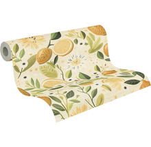 Papier peint intissé à motif de citrons, représentant des citrons entiers, des rondelles, des feuilles et des fleurs.