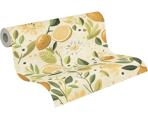 Papier peint intissé à motif de citrons, représentant des citrons entiers, des rondelles, des feuilles et des fleurs.