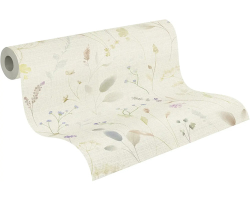 Vliestapete mit feinem floralem Aquarellmuster aus Gräsern und kleinen Blüten auf hellem strukturiertem Grund.