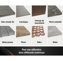 Aperçu de différents matériaux : Grès cérame fin, carrelages, ouvrage de maçonnerie, pierre naturelle, béton poreux, pierre, tuiles, béton