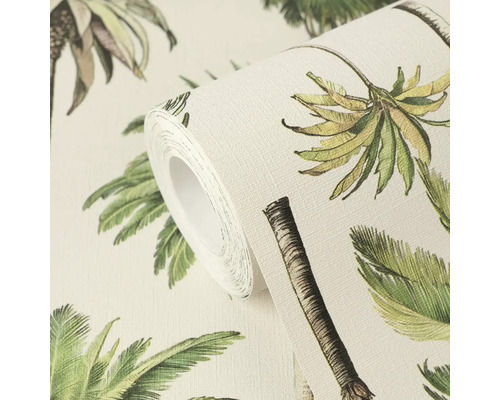 Papier peint intissé avec motif de palmiers vert et brun, présenté en rouleau.