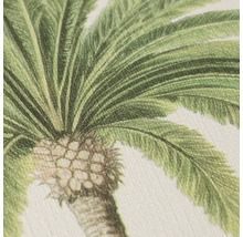 Vue détaillée d'un papier peint avec un motif de palmier illustré et des feuilles vertes.