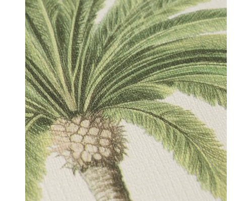 Vue détaillée d'un papier peint avec un motif de palmier illustré et des feuilles vertes.