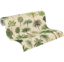 Rouleau de papier peint intissé avec palmiers verts illustrés sur fond beige dans un style tropical.