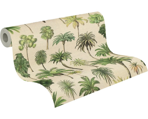 Rouleau de papier peint intissé avec palmiers verts illustrés sur fond beige dans un style tropical.