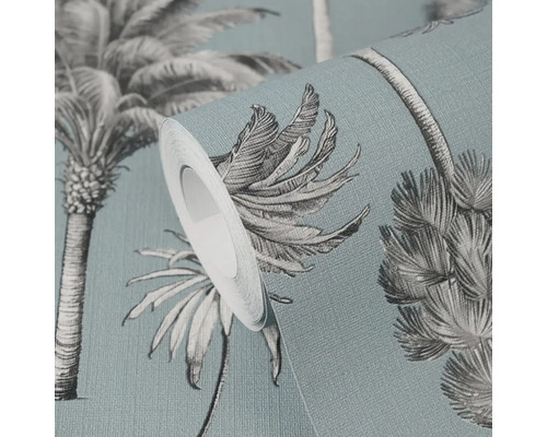 Rouleau de papier peint intissé avec motif de palmiers et surface structurée