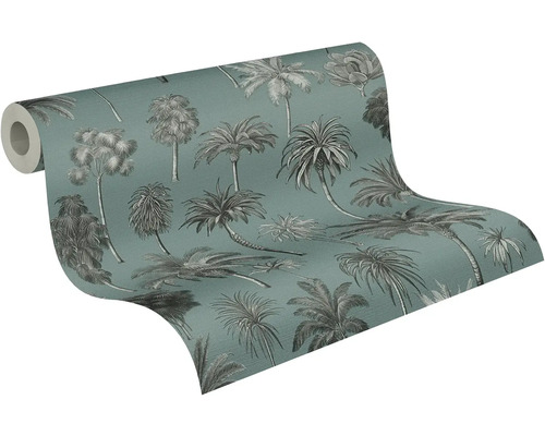 Papier peint intissé avec motif de palmiers tropicaux de style illustré sur un rouleau partiellement déroulé.