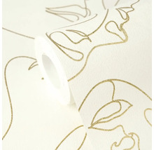 Vliestapete mit goldenem, abstraktem Gesichtsmuster im Line-Art-Stil.