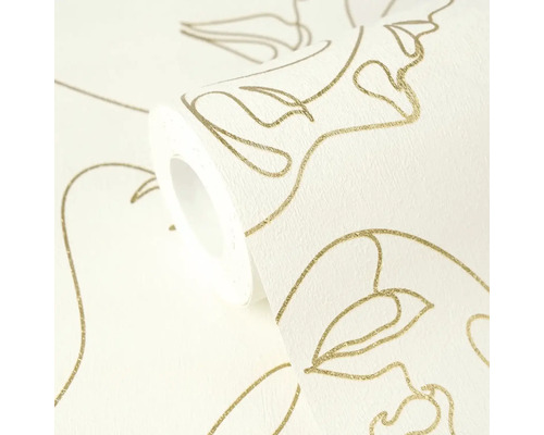 Vliestapete mit goldenem, abstraktem Gesichtsmuster im Line-Art-Stil.