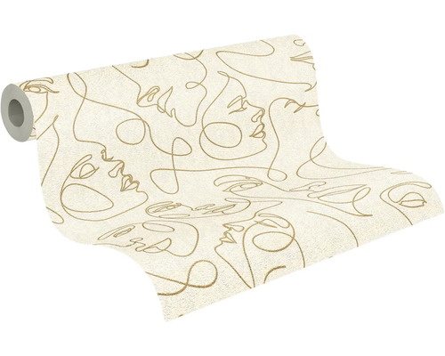 Vliestapete mit Linien-Kunst-Motiv von Gesichtern in Gold-Optik auf beigefarbenem Untergrund.