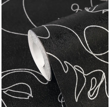 Strukturierte Tapetenrolle in Schwarz mit silberfarbenem Blumenmuster.