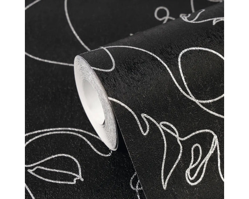 Strukturierte Tapetenrolle in Schwarz mit silberfarbenem Blumenmuster.