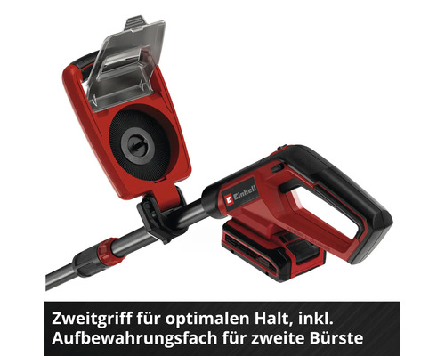 Einhell Logo auf einer elektrischen Fugenbürste mit zweitem Griff und Aufbewahrungsfach für eine zweite Bürste.