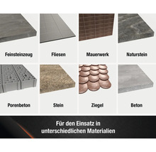 Aperçu de divers matériaux de construction tels que le grès cérame, les carrelages, la maçonnerie, la pierre naturelle, le béton cellulaire, la pierre, les tuiles et le béton