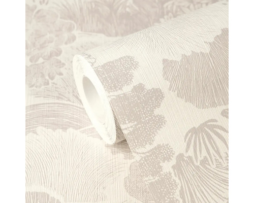 Rouleau de papier peint a motif naturel de feuilles et plantes, surface structuree avec de fines lignes verticales, tons beiges.