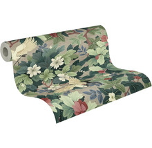 Papier peint intissé avec motif botanique de grues, de fleurs et de feuilles.