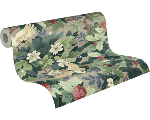 Papier peint intissé avec motif botanique de grues, de fleurs et de feuilles.