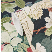 Rouleau de papier peint intissé avec motif botanique, oiseaux, grandes feuilles et fleurs.