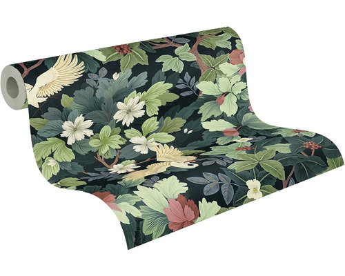 Papier peint intissé avec motif botanique composé de feuilles, de fleurs et de grues en plein vol.